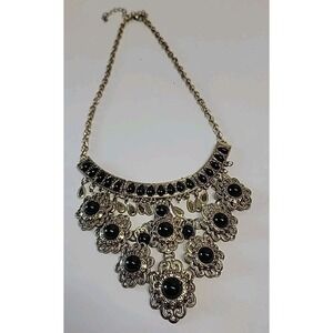 Vtg Necklace Choker Collar Black and Crystal Faux Stone Light Green Faceted Gold